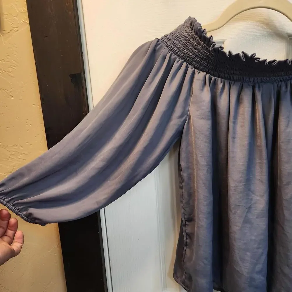 American Eagle Smocked Off-The-Shoulder Satin Top - Dusty Blue- Size Small - Picture 6 of 8